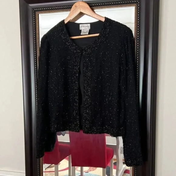 Stenay‎ Vintage Hook N Eye Silk Sequins/Beaded Jacket Size Large Black - Picture 1 of 7